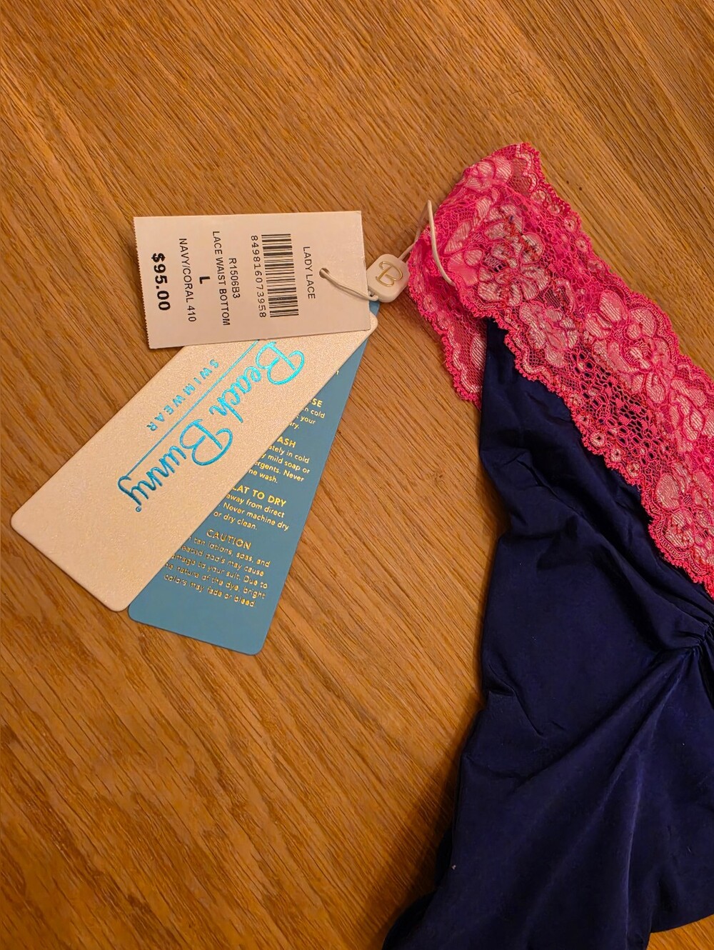 Beach Bunny Navy Bikini Briefs with Hot Pink Lace Waistband - Picture 7 of 7